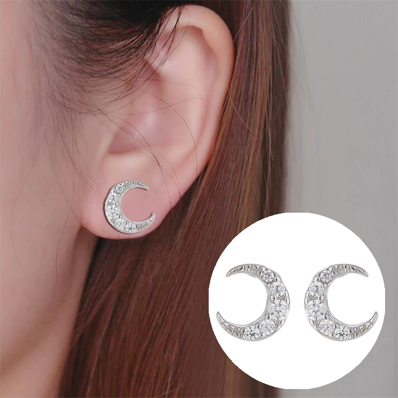 

Shuangshuo Crystal 925 Sterling Silver Minimalist Rhinestone Moon Stud Earrings Fine Jewelry for Women Girls Birthday Gift