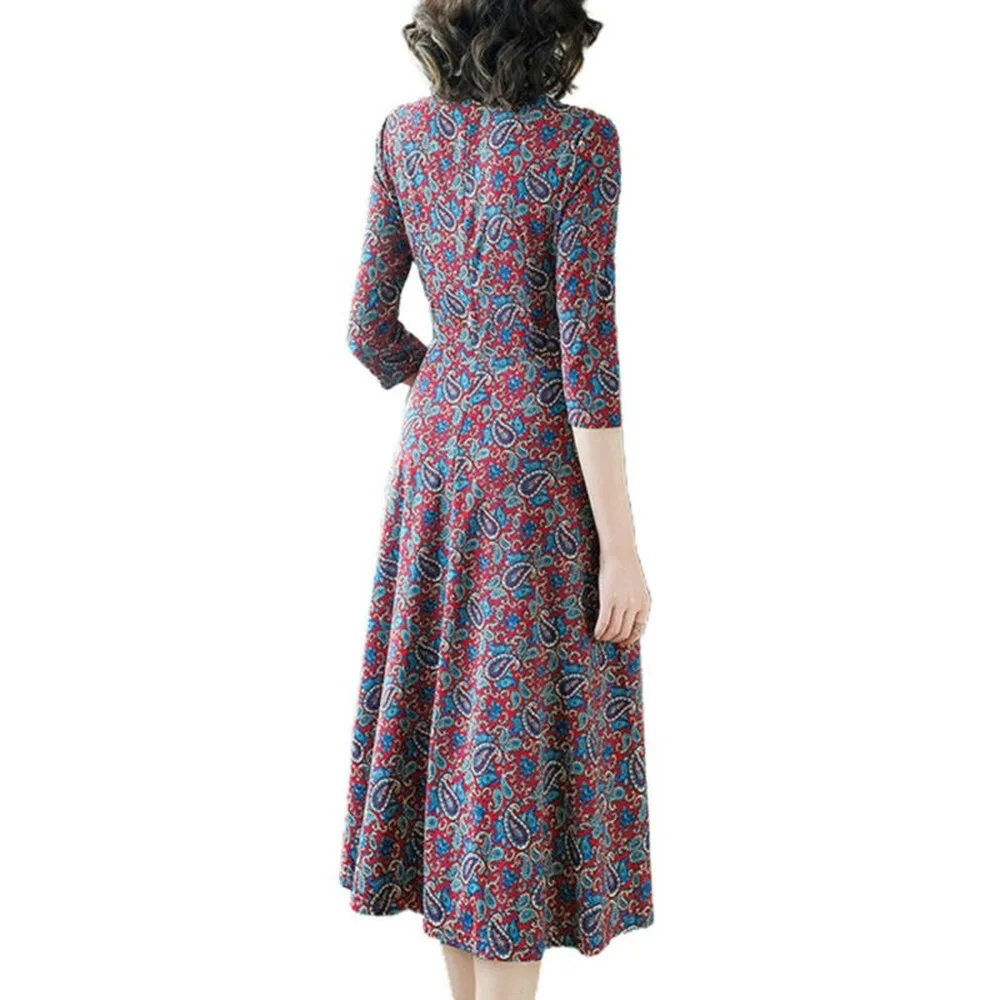 

Women Print Autumn Oversized Midi Dresses A-Line Swing V-Neck Long Sleeve Dress