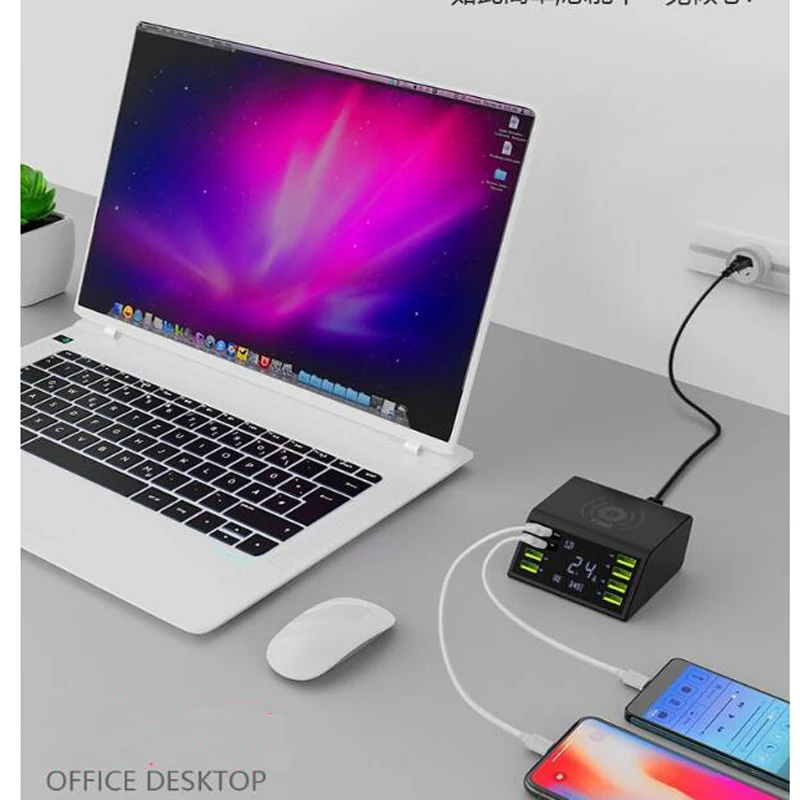 Беспроводное зарядное устройство QC 3 0 с цифровым дисплеем 8USB 60 Вт|Беспроводные
