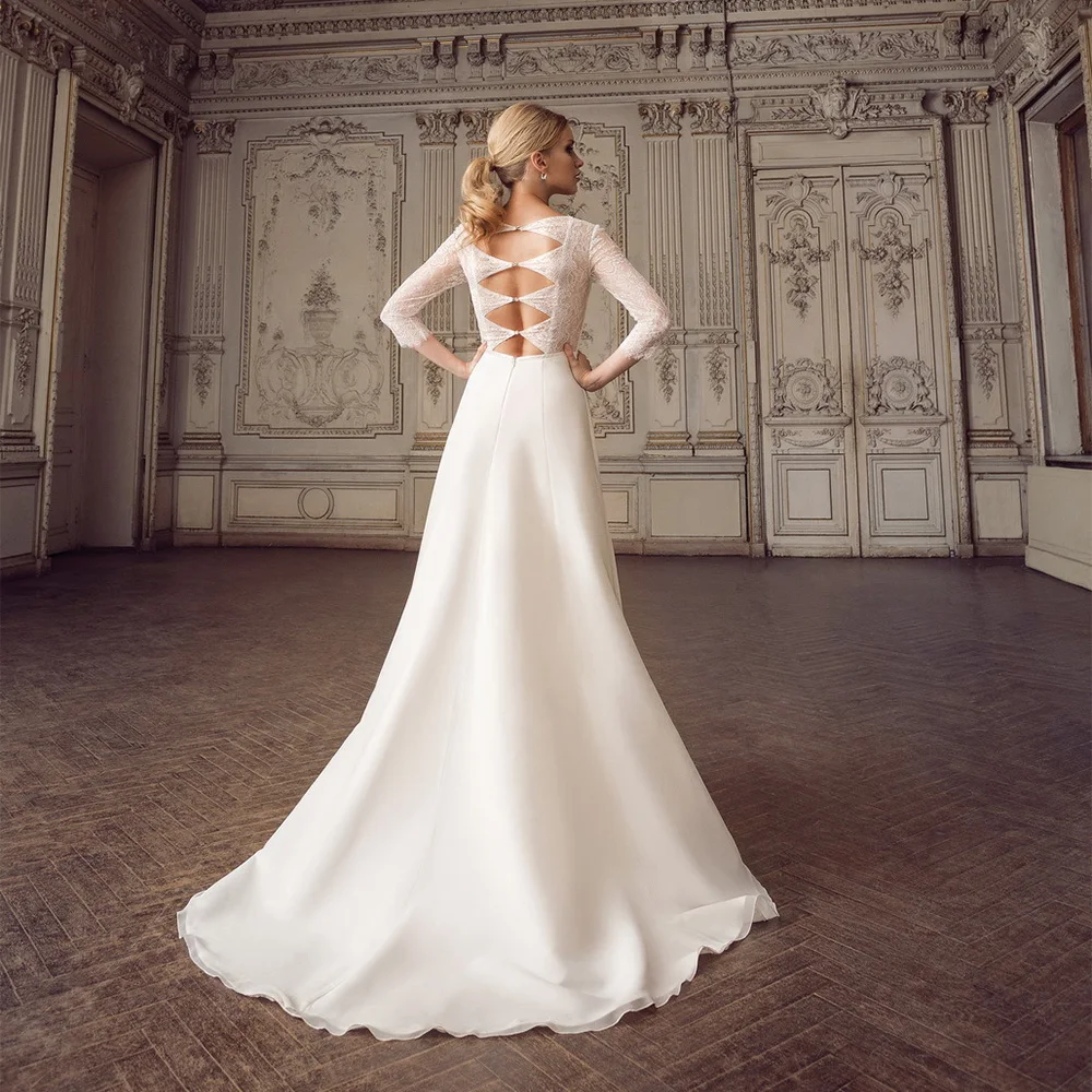 

Cheap Lace Chiffon Wedding Dress Bridal Gown Long Sleeves Scoop Neck Beading Sashes A Line Bride Dresses Robe De Mariage