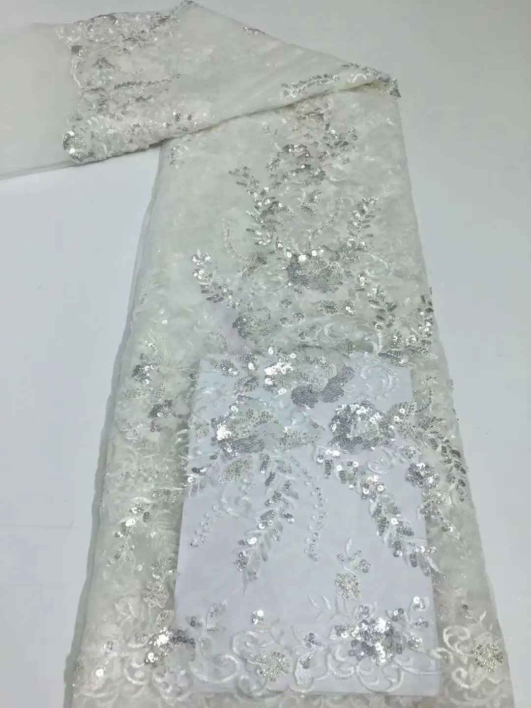 

Luxurious Tube Beads Lace with Sequins French Tulle Lace Fabric Beaded African Lace Nigerian Fabric for Wedding XCW-69