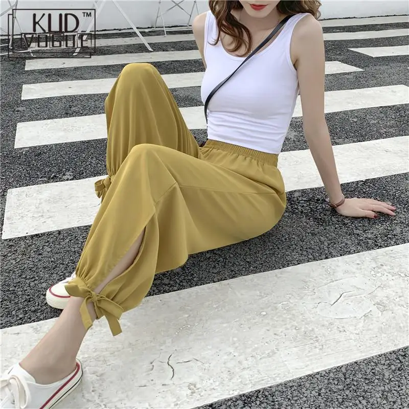 Весенние и летние широкие брюки свободные с бантом женские модные высокой