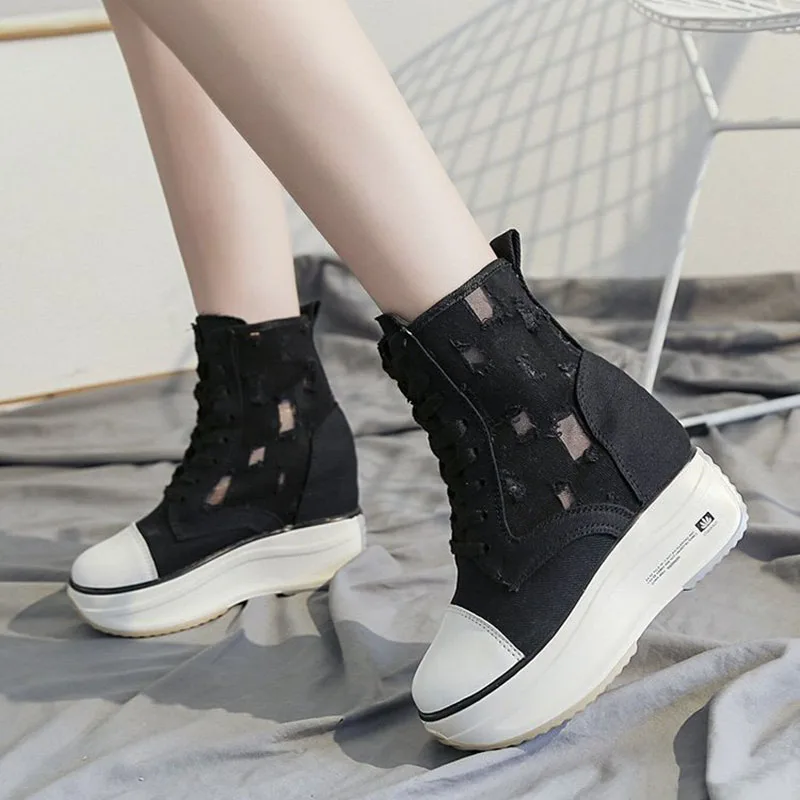 

Rimocy New Hollow Canvas Ankle Boots Women Breathable High Top Platform Booties woman 2021 autumn Lace Up Height Increased Shoes