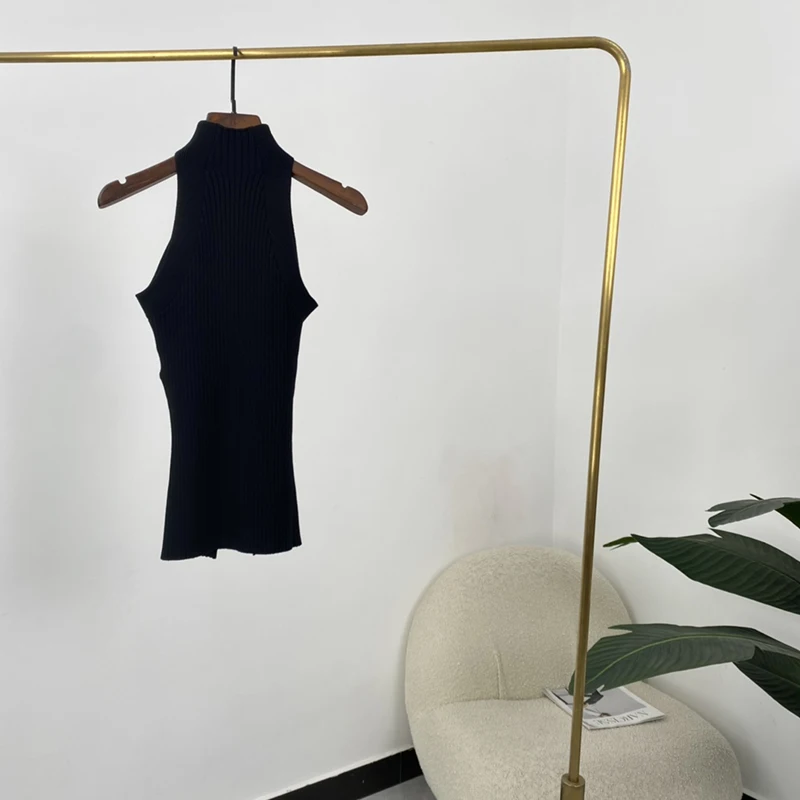 

Cut Out Short Sweater Vest 2021 New Solid Black SleevelessSlim Sexy Half High Collar Creative Thread