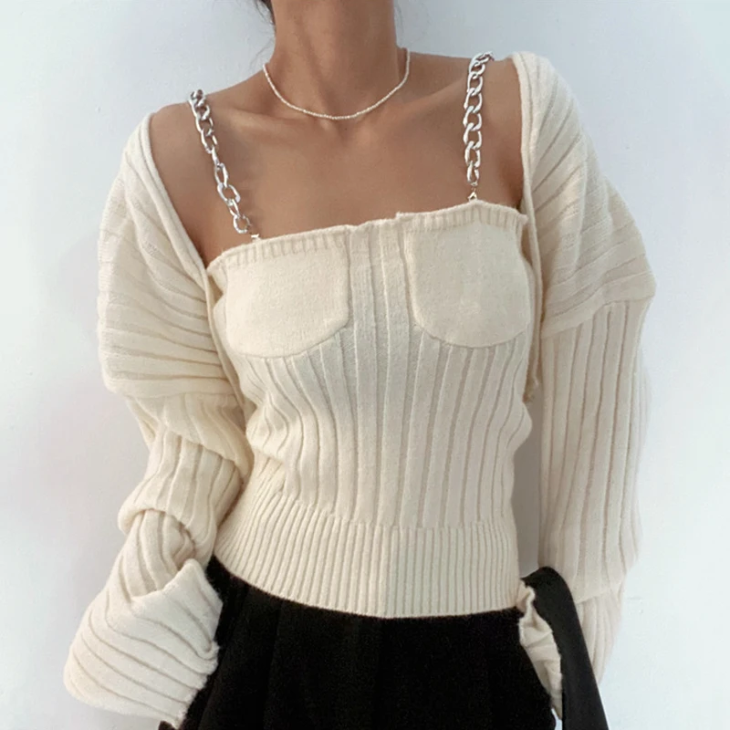 

Элегантный дизайнерский вязаный жилет на бретелях с металлической цепочкой и шалью в полоску, укороченные кардиганы, женский свитер, пальт...