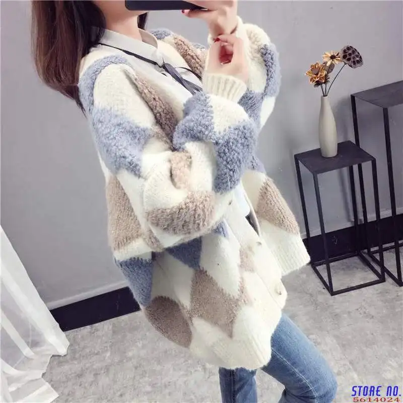 

Sweater Cardigan Women Autumn Winter Korean Thick Knit Cardigans Argyle Oversized Hit Color Knitwear Outwear Coat 55306