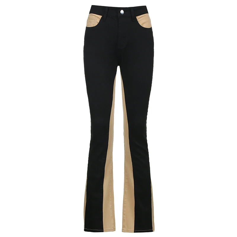 

Weekeep Patchwork Vintage Cargo Pants Korean Slim High Waist Flare Pants Streetwear Contrast Pockets Jeans Long Trouser Harajuku