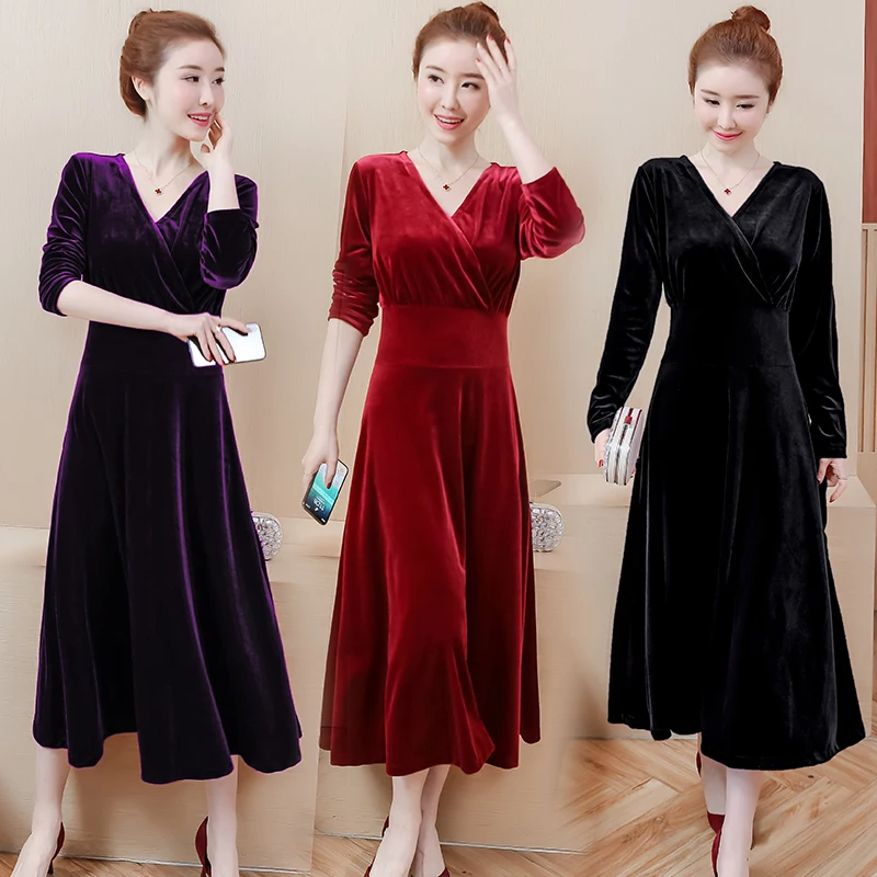women velvet plus size L-5XL dress XXL XXXL 3XL XXXXL 4XL V-neck 2021 autumn winter A-Line Skater slim Casual Swing midi dresses | Женская