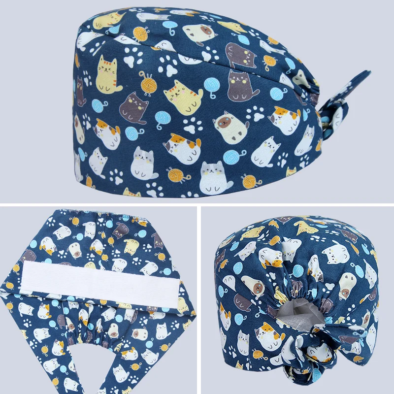 

Cats Pet Scrub Cap Navy Nurse Work Hat Ground Skull Caps 100% Cotton Tieback Sweataband Chef Beautician Head Wear M103