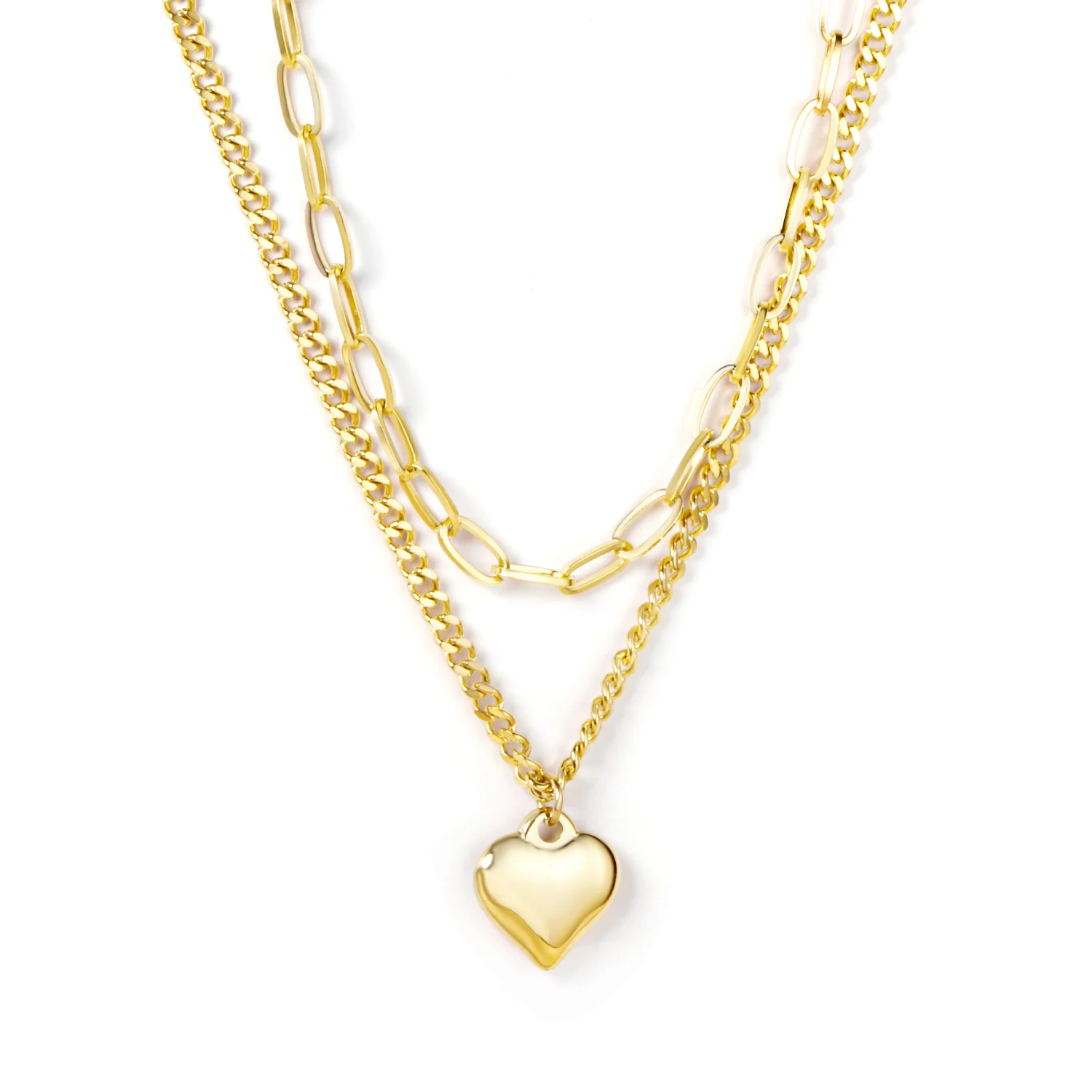 

LUXUKISSKIDS Cuban Choker Necklaces Collar Statement Jewelry inoxydable Female Gold Color Heart Pendants Double Layer Chains
