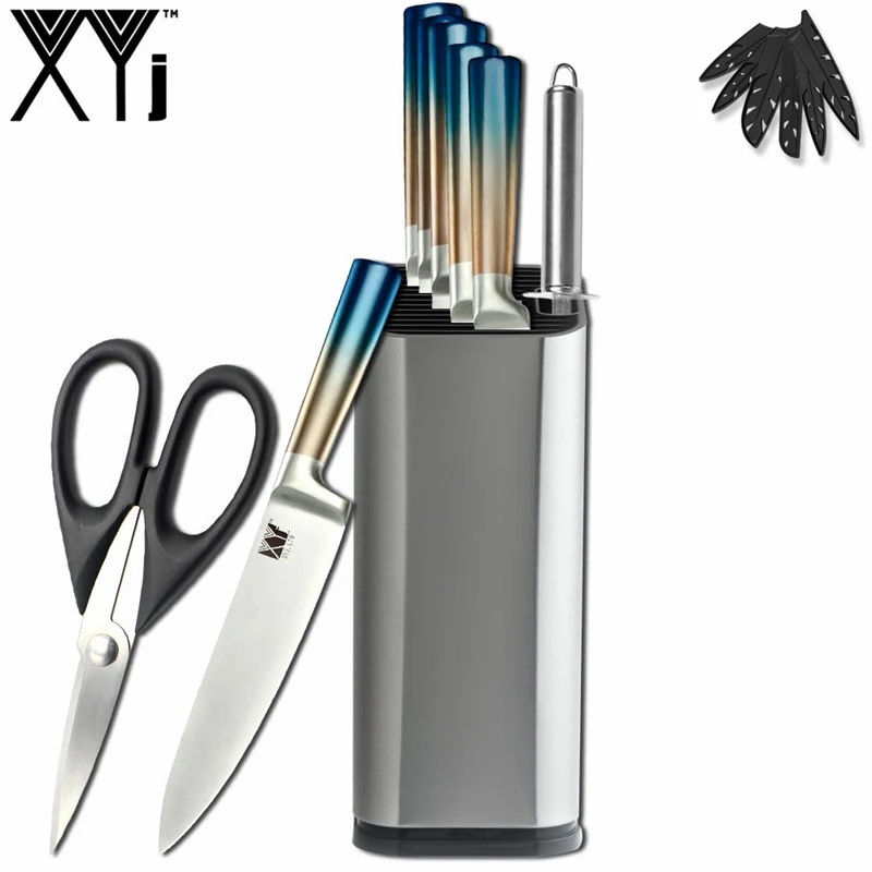 H. 9 PCS Set XYj шеф-повара из нержавеющей стали 8 комплект ножей 8 ''Держатель ножей острое лезвие градиентная цветная ручка Santoku утилита для нарезки хлеба - Цвет: H. 9 PCS Set