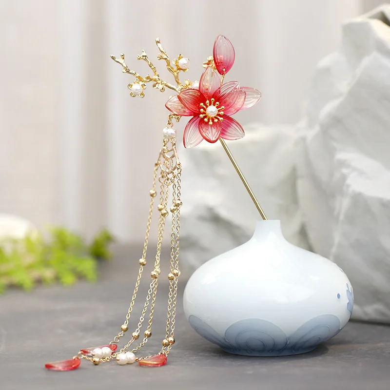 Длинные шпильки для волос с жемчугом и красными цветами FORSEVEN золотистые