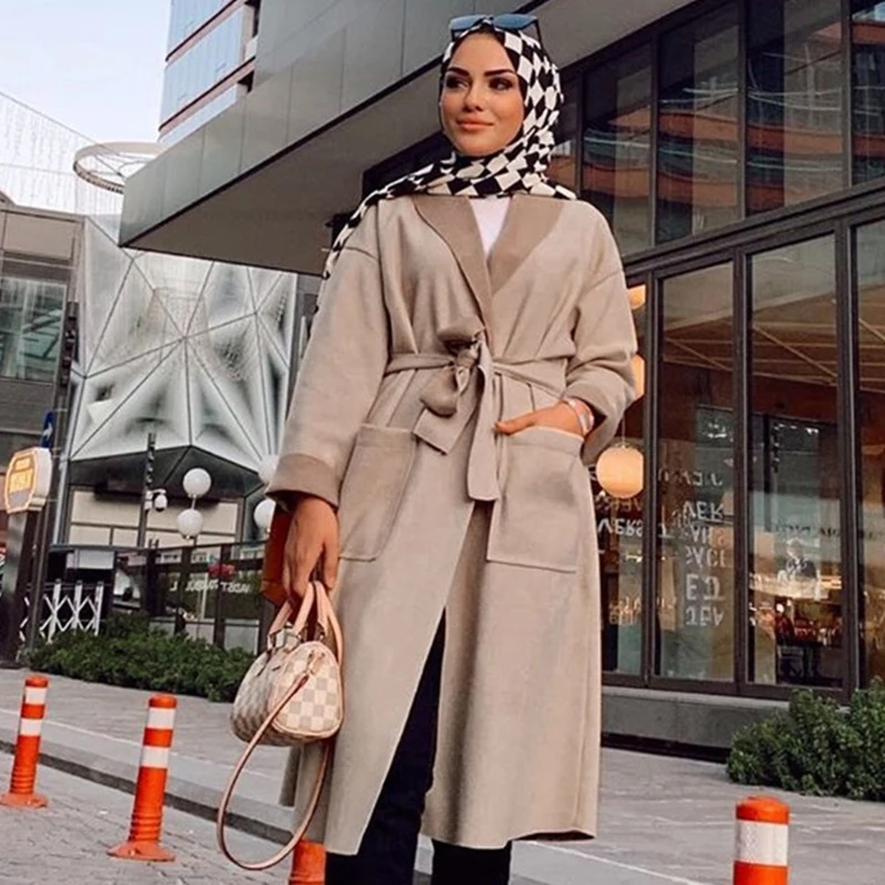 Женское шерстяное пальто Siskakia длинное серое кимоно свободного размера плюс с