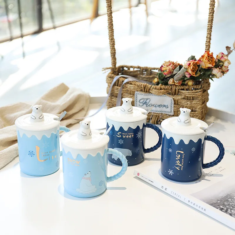 Creative bear ceramic mug cartoon mark cup coffee with lid and spoon | Дом и сад