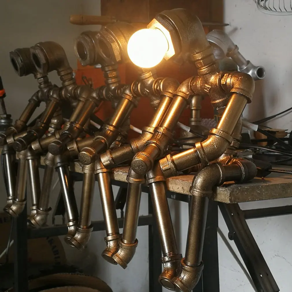 

Creative Iron Tube Edison Led Table Light Fixtures Industry Loft Vintage Decor Lamp Coffee Bar Water Pipe Robot Retro Table Lamp