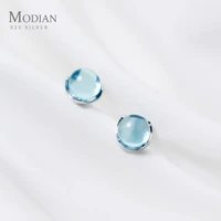 modian luxury blue crystal sky color opal round stud earrings classic charm 925 sterling silver for women trendy jewelry gift