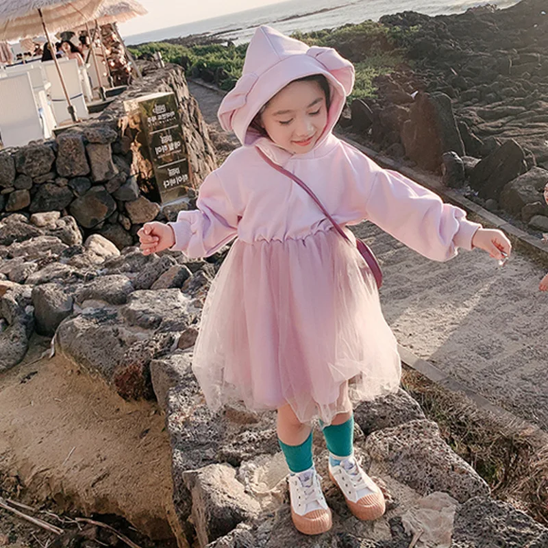 Милое Сетчатое платье принцессы с капюшоном и заячьими ушками в Корейском стиле