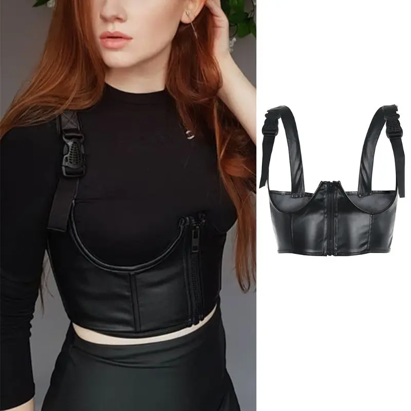 

Women Harajuku Goth Punk Crop Top Faux Leather Sexy Open Cup Chest Harness Vest Buckle Zipper Suspenders Club Streetwear