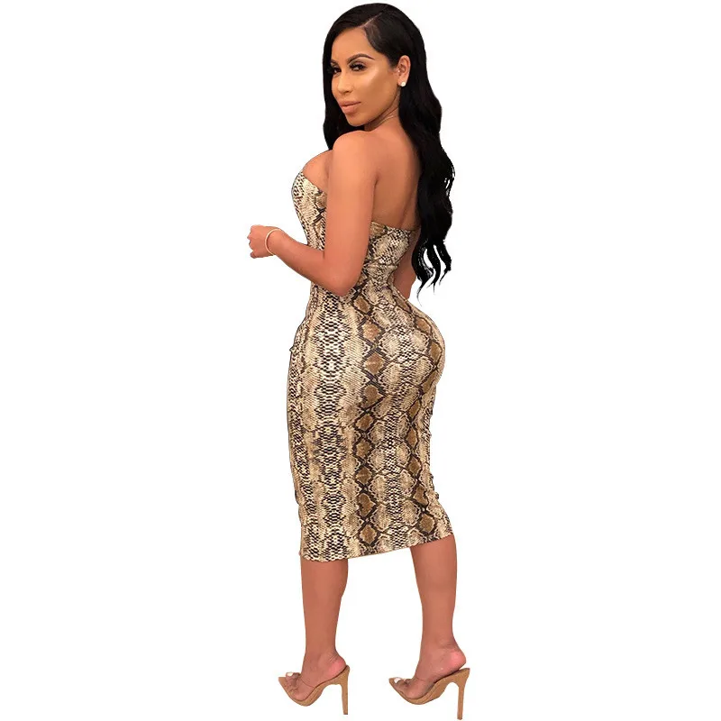 Летнее Сексуальное Женское Платье со змеиным принтом и открытыми плечами