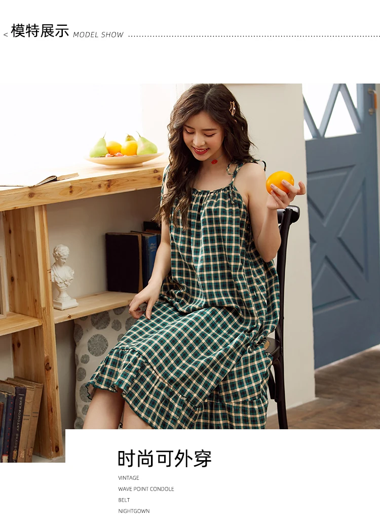 

Summer Cotton Casual Mid-Calf Sweet Suspender Skirt Ladies Sleeveless Plus Size Dress Korean Green Plaid Women Sling Nightdress