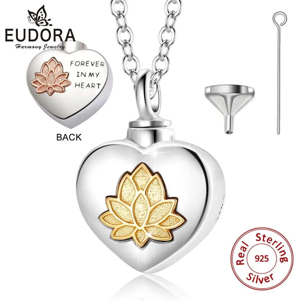 Eudora-Collar de plata de ley 925 con forma de flor de loto, colgante con forma de corazón, urna conmemorativa, joyería para cenizas de cremación de amor