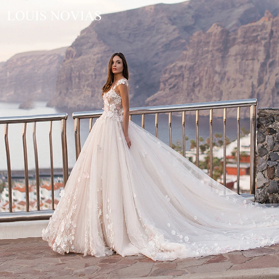 Кружевное Свадебное платье принцессы Louis Novias с V-образным вырезом и открытой