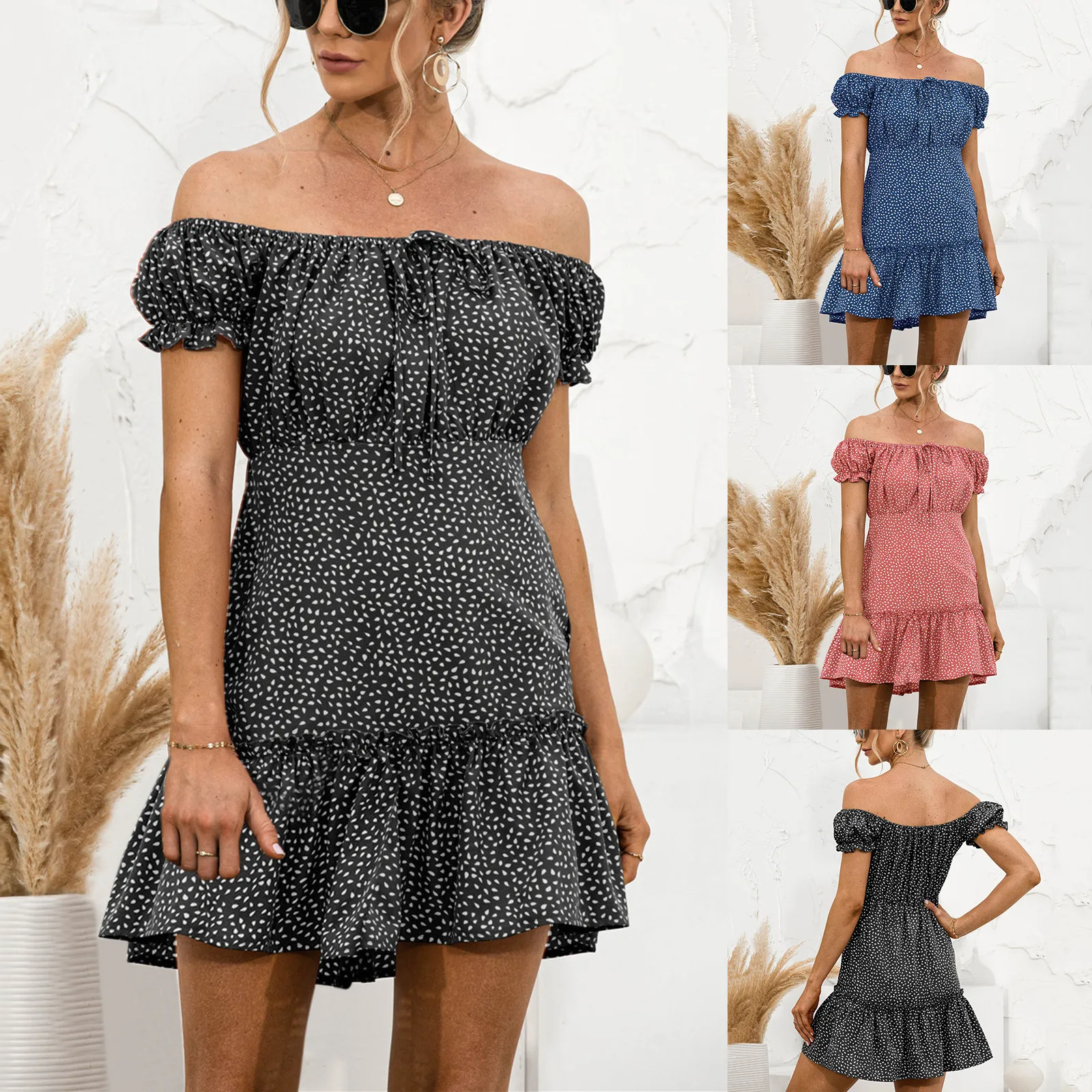 

Fashion Women Dress 2021 Polka Dot Ruffle Short Sleeve Dress Sexy Off Shoulder Beach Mini Summer Dresses Casual Party Vestidos