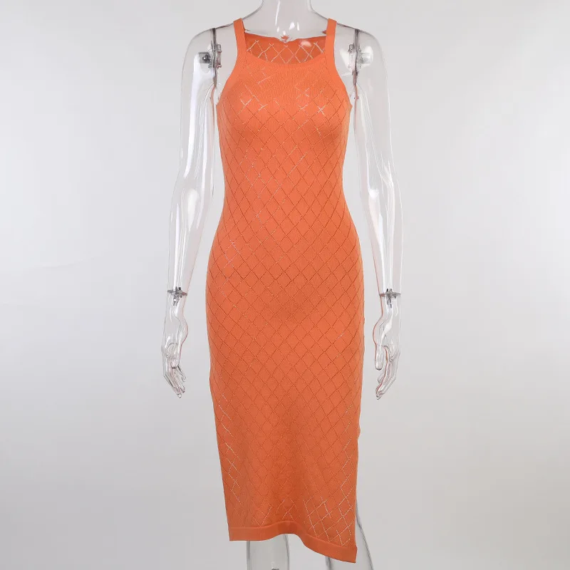 

Knitted Long Summer Dress Women Spaghetti Strap Slit Sexy Beach Dress Fashion Sleeveless Bodycon Slip Dress White Orange