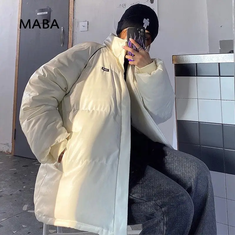 

Winter Korean Stand Collar Cotton Padded Jacket New Women Long Sleeve Loose Thick Warm White Coat 2021 Faux Leather Jacket