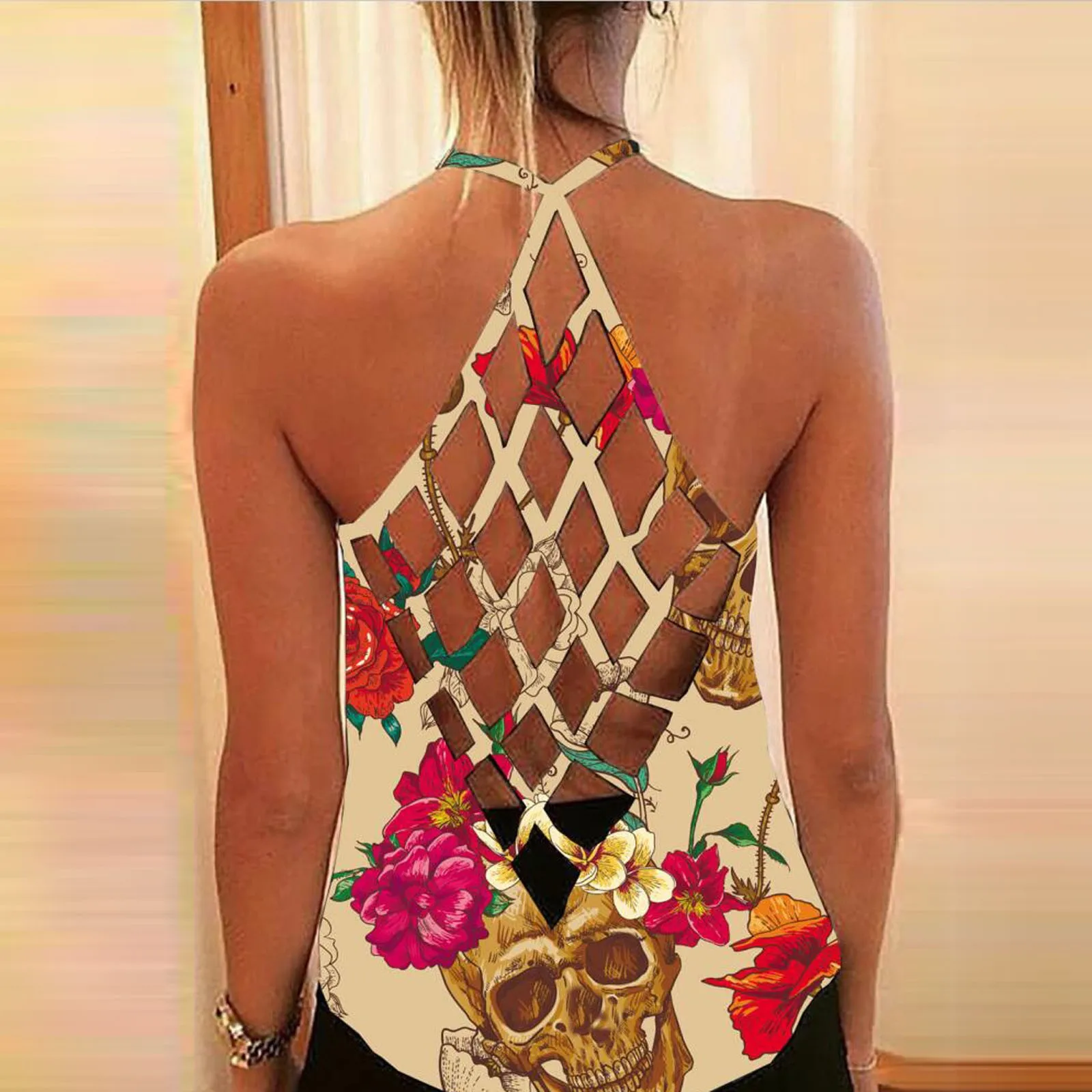 

Womens Blouses Summer Sleeveless Personalized Skull Printed Sexy Cross Strap Backless Funny Shirts Femmes Breathable Blouses