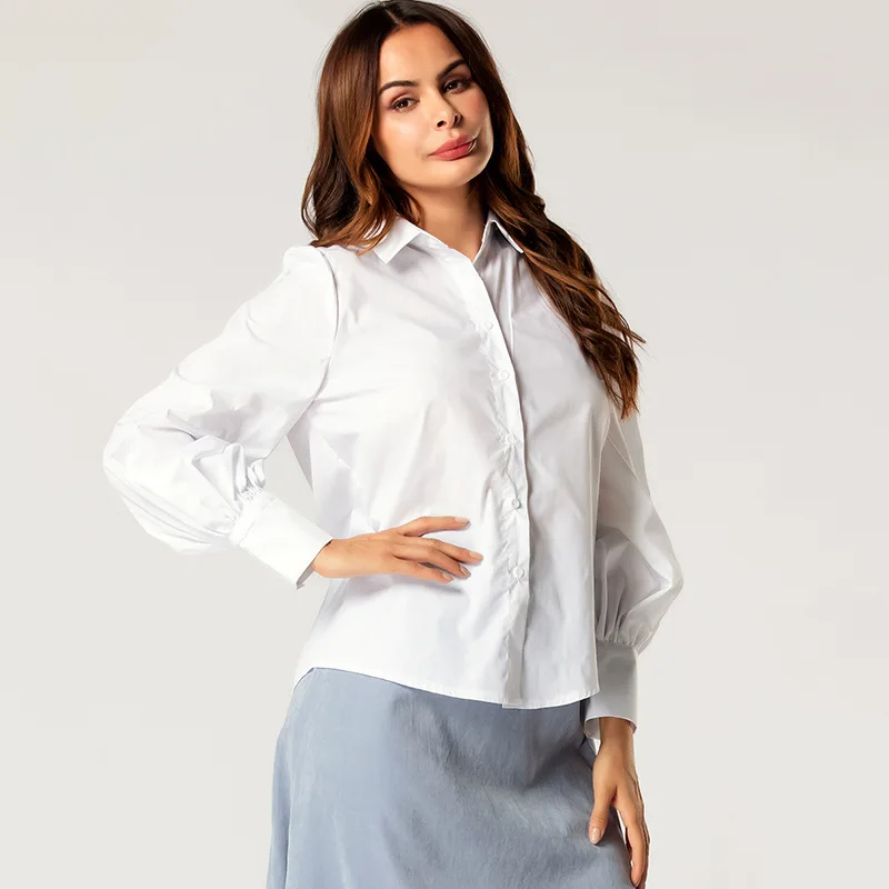

Women Clothing 2020 Autumn New Solid Color White Lantern Sleeve Shirt Female Temperament Commuter V-neck Loose Shirt