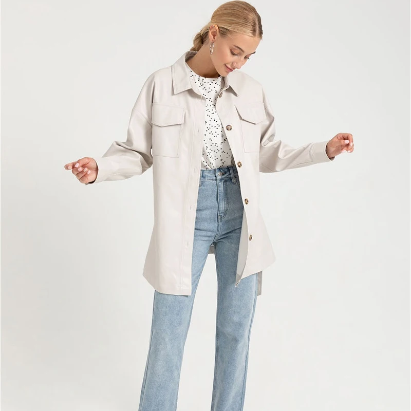 

Belt Faux Leather Jacket Coat Women Pu Casual Button Turn Down Collar Single-breasted Windbreaker 2020 New Fashion