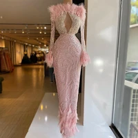 2021 long sleeve evening dress beading keyhole bust feathers luxury prom gowns women party wear second reception dress