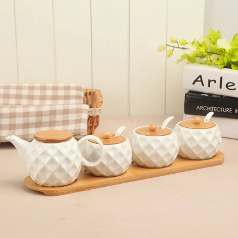 

[ 4+1 Sets ] Ceramic seasoning pot kitchen supplies box household combination bottle oil salt pot, with bamboo base