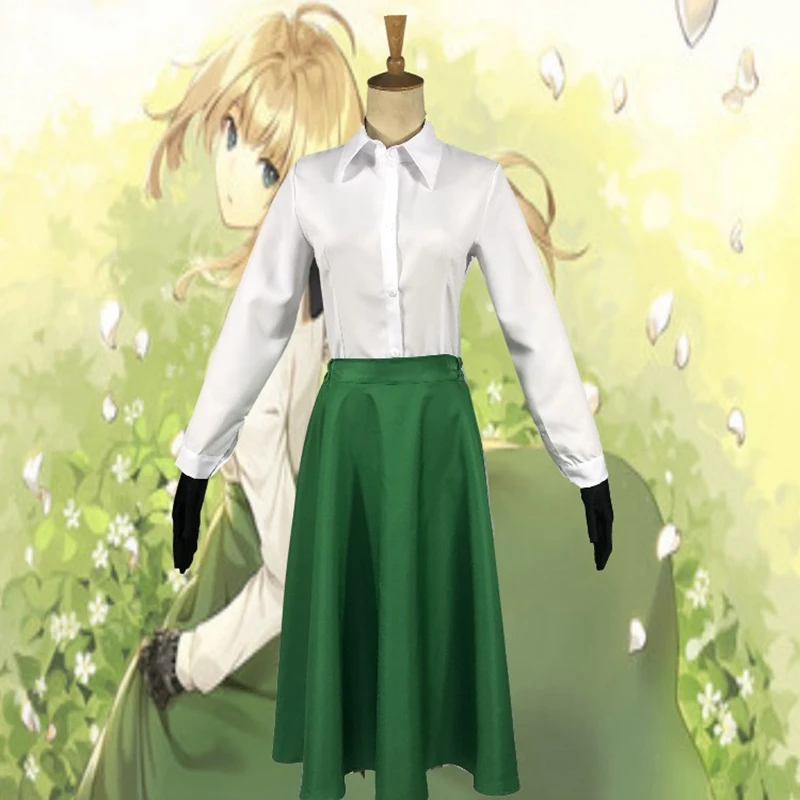 

Костюм Аниме фиолетовый Evergarden Viorette зеленая юбка и рубашка, костюм для косплея, женская одежда на Хэллоуин