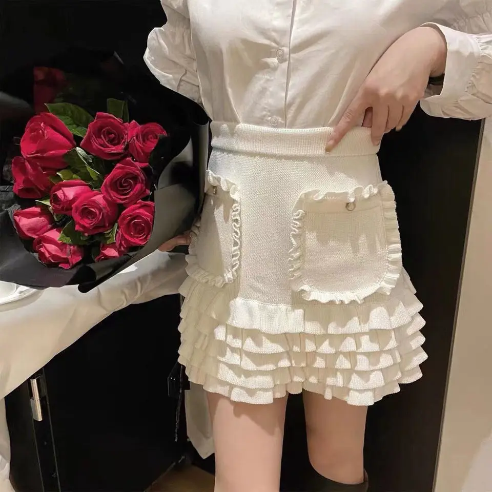 

Ruffle knitted cake skirt, high waist skirt, slim and versatile