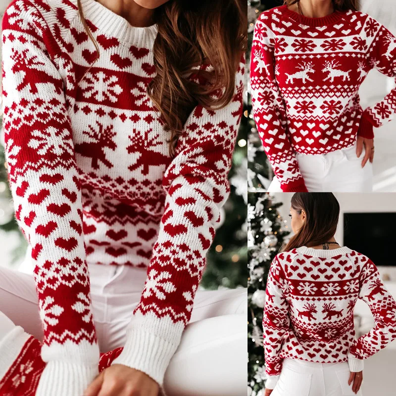 

Knitwear Sweater Long Sleeve Round Neck Christmas Elk Cartoon Embroidery Casual Pullover Tops Autumn Winter Fashion Wild