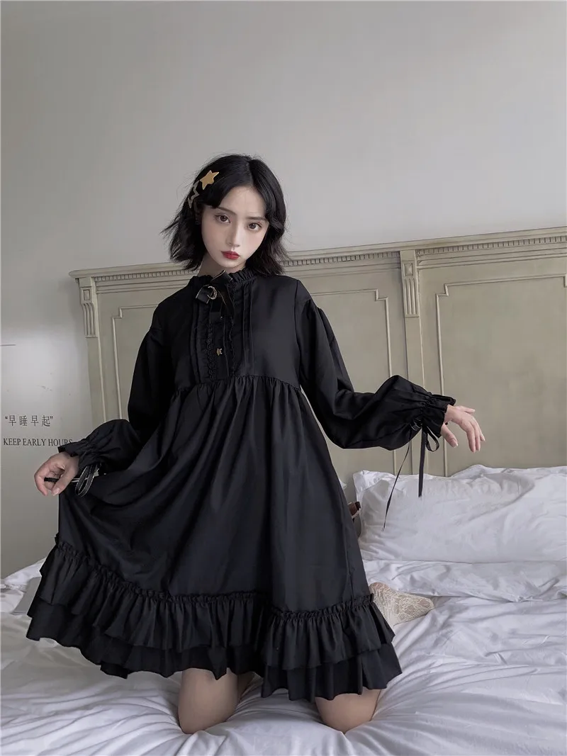 

Japanese Preppy Style Women Mini Lolita Dress Gothic Black Kawaii Cosplay Halloween Costume Harajuku Ruffles Dress with Moon Pin