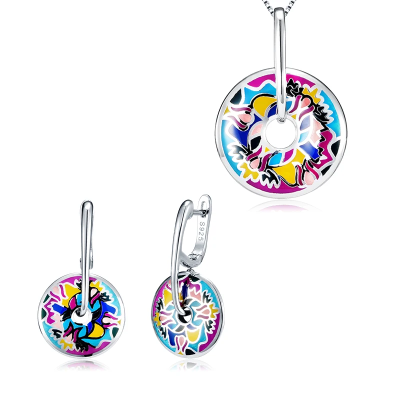 

Jewelry Sets DIY Gift 925 Sterling Silver Fashion Like Abstract Flower Pattern Colourful Enamel Fine Earring Party Necklace