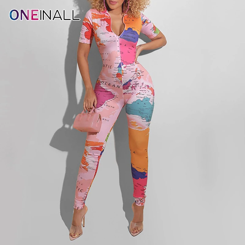 

ONEINALL Floral Print Sexy Jumpsuits For Women Mock Neck Long Sleeve High Waist Colorblock Women's Jumpsuit 2021 Fashion Clothes