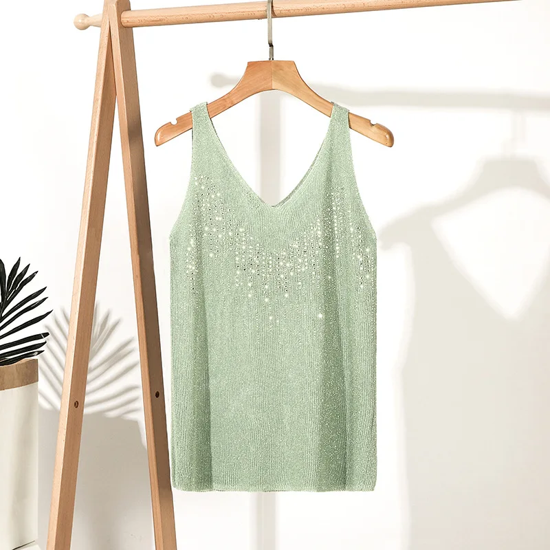 Summer Casual Solid Knitted Tank Tops Women 2020 New Hotfix Rhinestone Sleeveless Top | Женская одежда