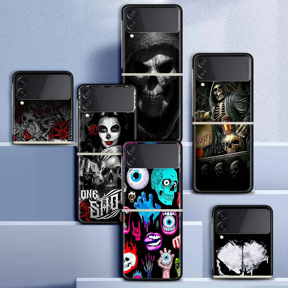 

Case For Samsung Galaxy Z Flip 3 5G Funda ZFlip3 Luxury Black PC Hard Shockproof Back Phone Coque Shell Grim Reaper Skull Skelet