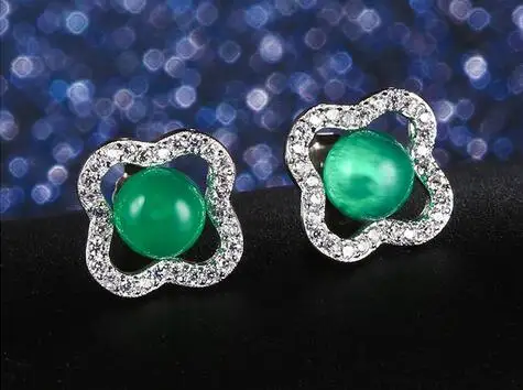 

accessories S925 Sterling Silver micro inlaid green chalcedony Snowflake Agate zircon Studs Earrings 1.62g Jeweller