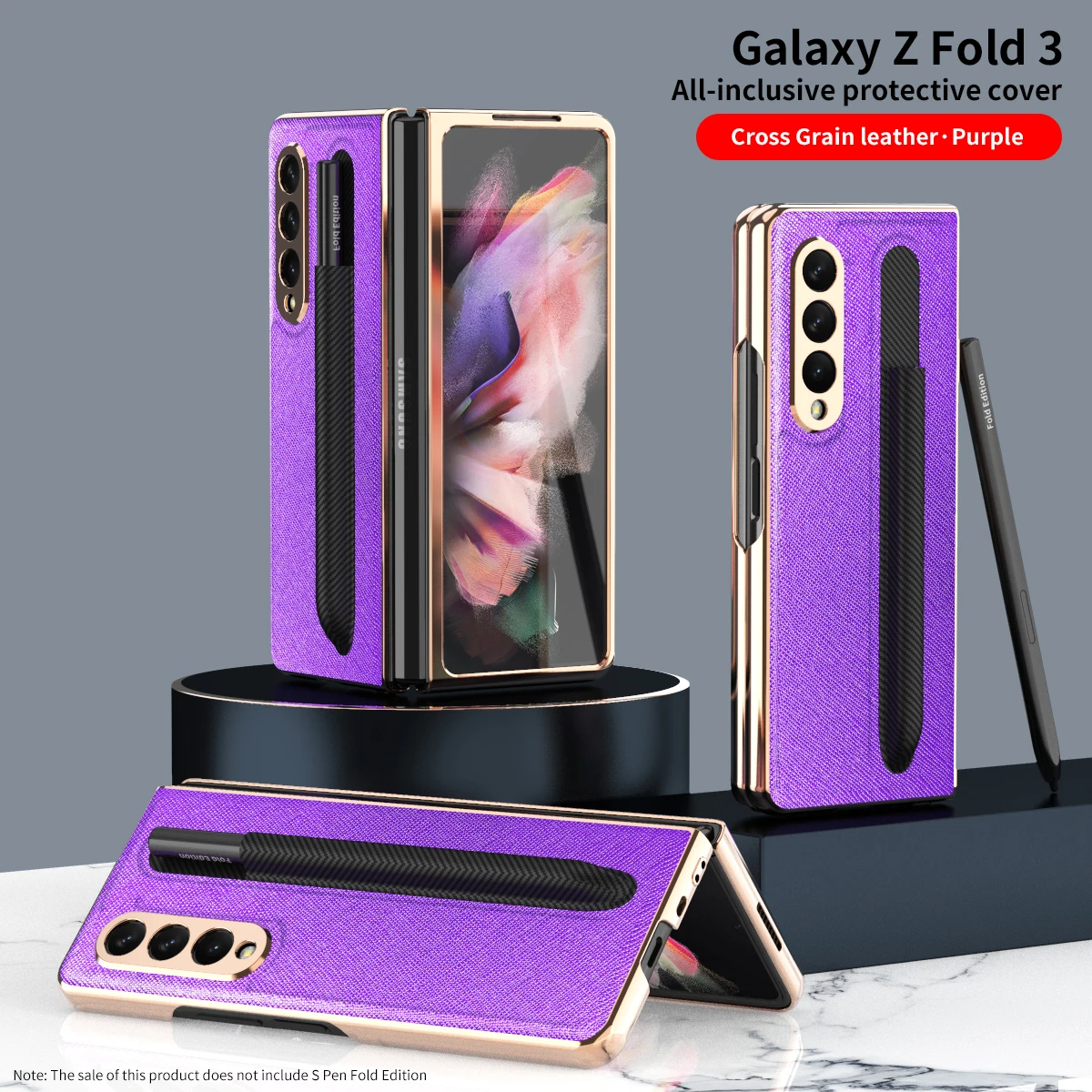 

Luxury Cross Grain Leather Case with S Pen Holder for Samsung Galaxy Z Fold 3 5G Front Plating Frame Tempered Glass Cover