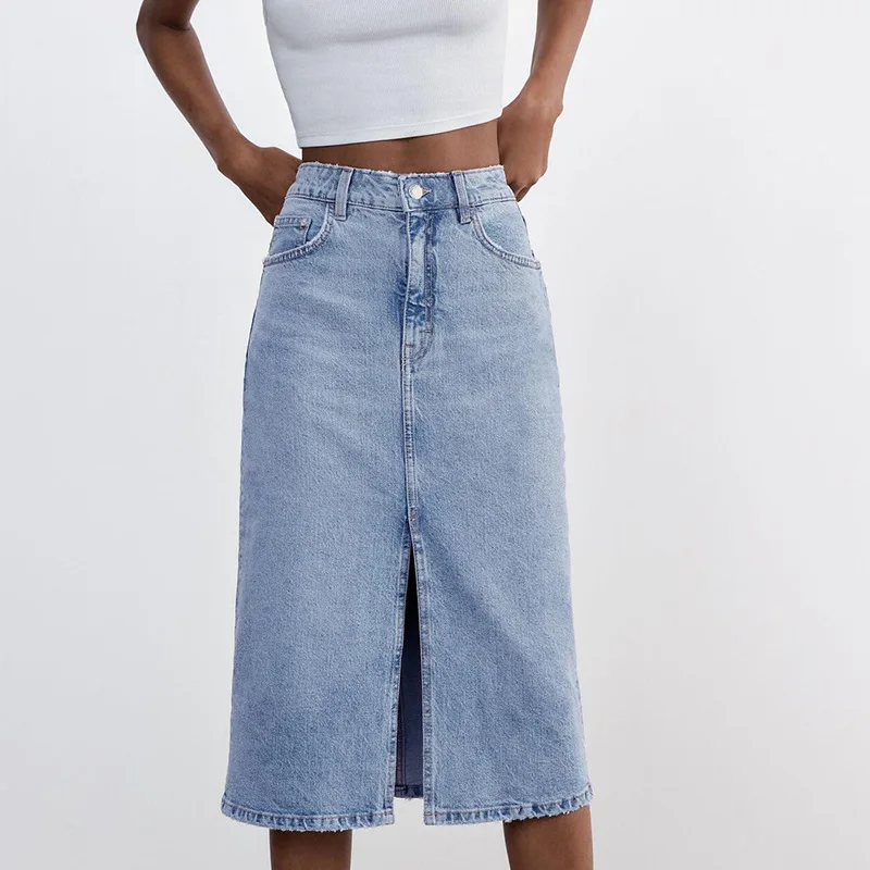 

Женская джинсовая юбка с высокой талией, длинная прямая юбка с эффектом потертости, 2021