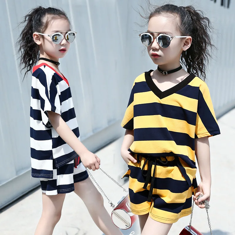 

Girls clothes summer casual stripe short sleeve top+ short pants kids clothing
