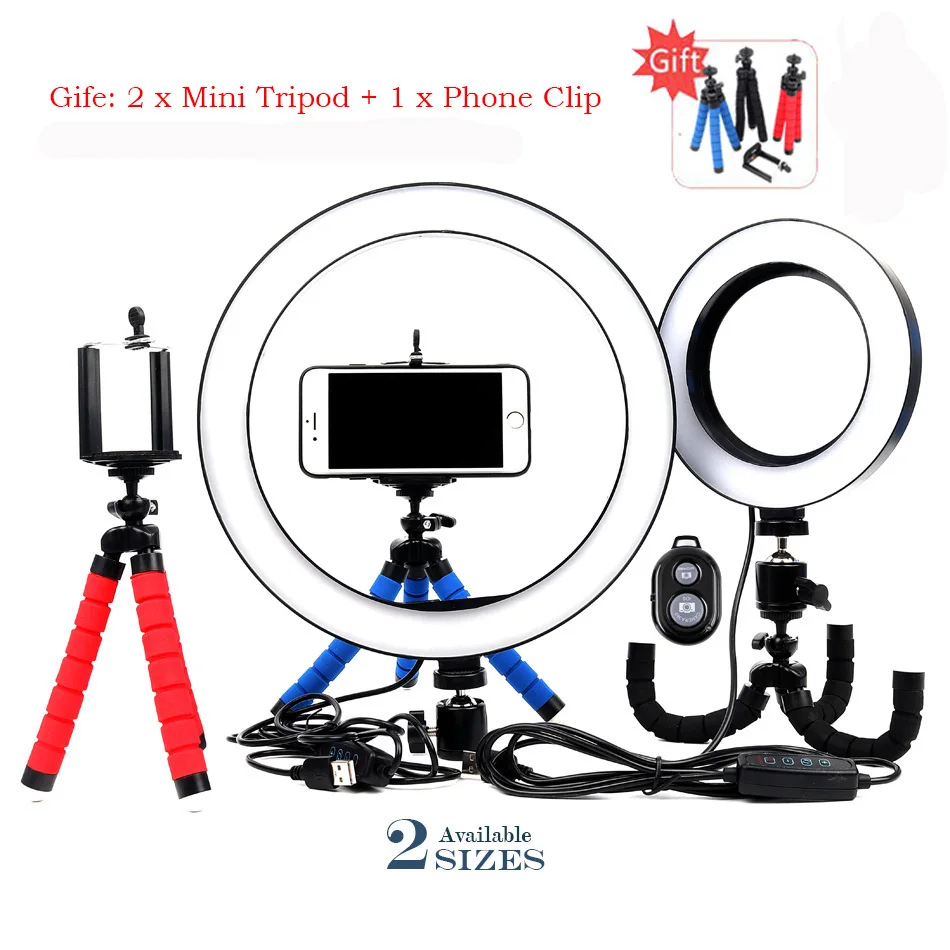 Светодиодный кольцевой светильник 16 см/26 см для селфи приглушаемый светодиодный