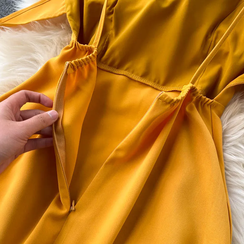 

Summer Yellow Spaghetti Strap Midi Dress Women Sexy Sleeveless High Waist Backless Bandage Dress Female Beach 2021 New Dresses