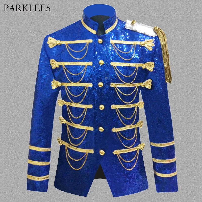 Shiny Sequin Blazer Men Glitter Chain Military Dress Tuxedo Men Blazer Suit Jacket Nightclub Stage Show Cosplay Blazer Masculino