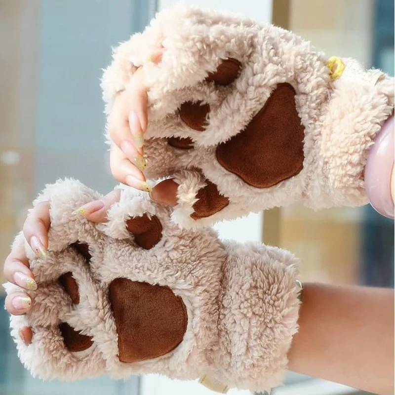 

Plush Fingerless Panda Gloves Flip Half Finger Mittens Women Winter Warm Cute Cat Paw Fluffy Glove Girls Christmas Gifts 1 Pair
